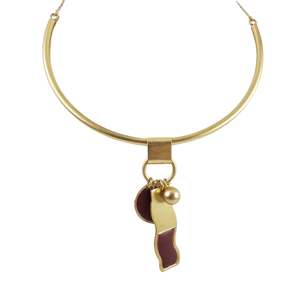 Madewell curved bar necklace - art deco pendants gold + silver tone + red brown - Picture 2 of 9